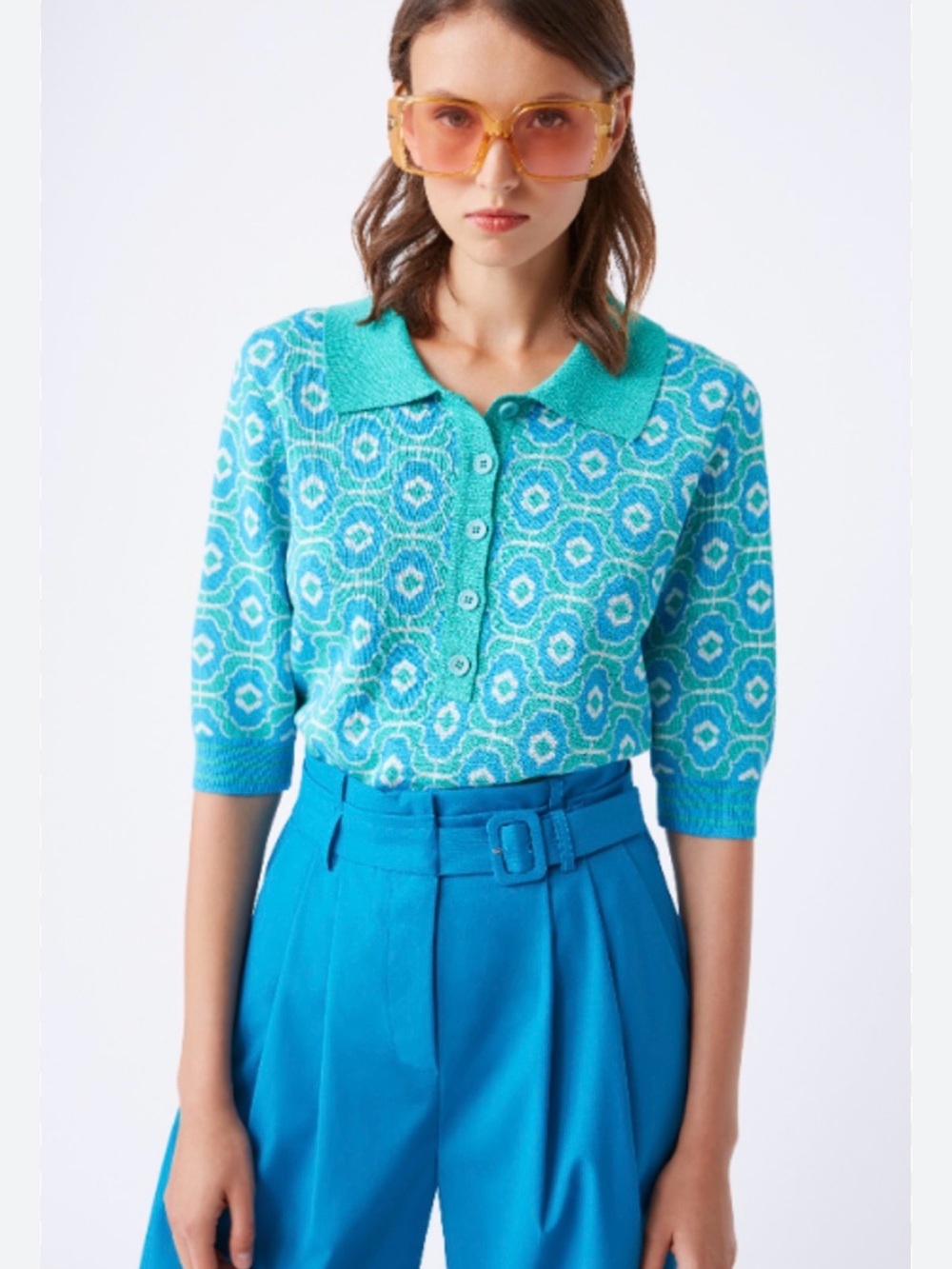 NWT SUNCOO POLKA PATTERNED POLO SWEATER - VERT D'EAU